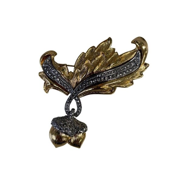 Vintage Avon Gold & Silver Leaf Acorn Brooch With Rhinestones - Picture 5 of 6